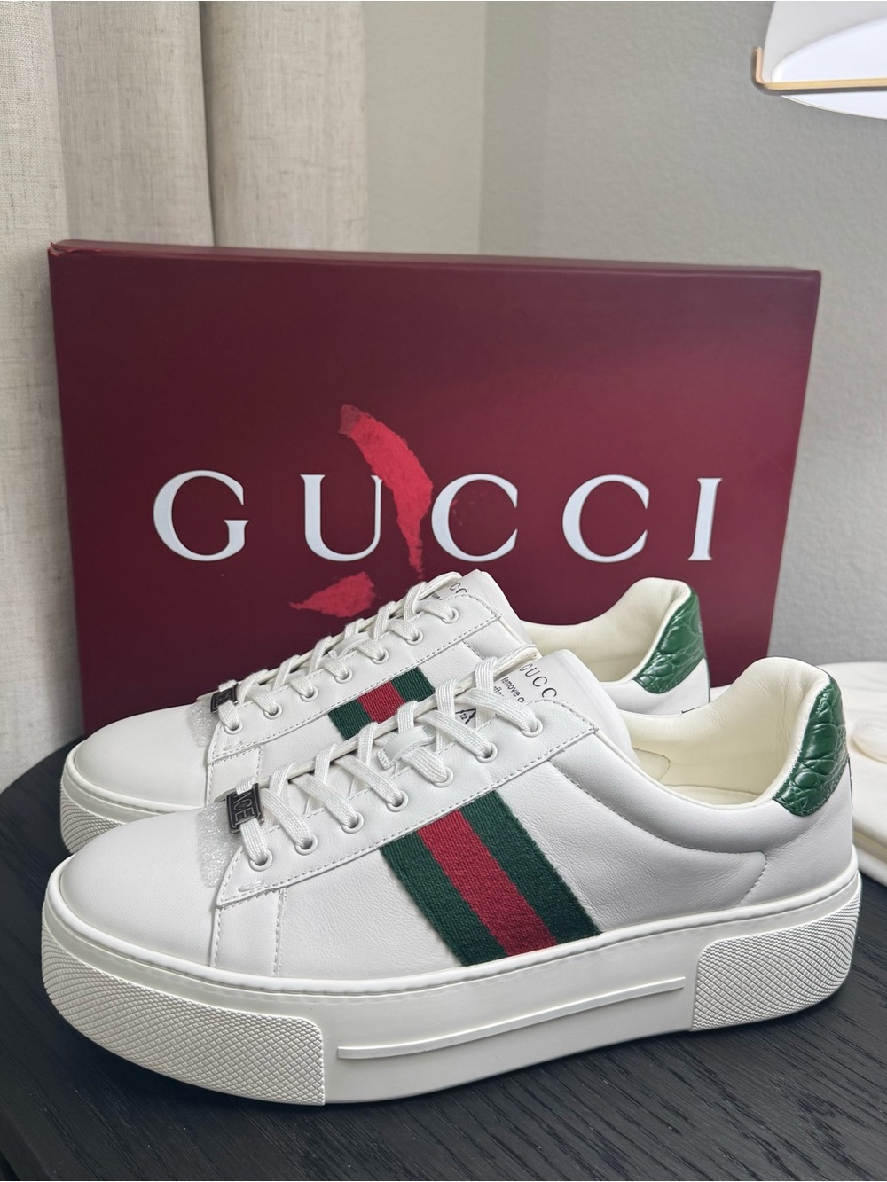 Gucci Ace Web Stripe Platform Leather Sneakers White 40